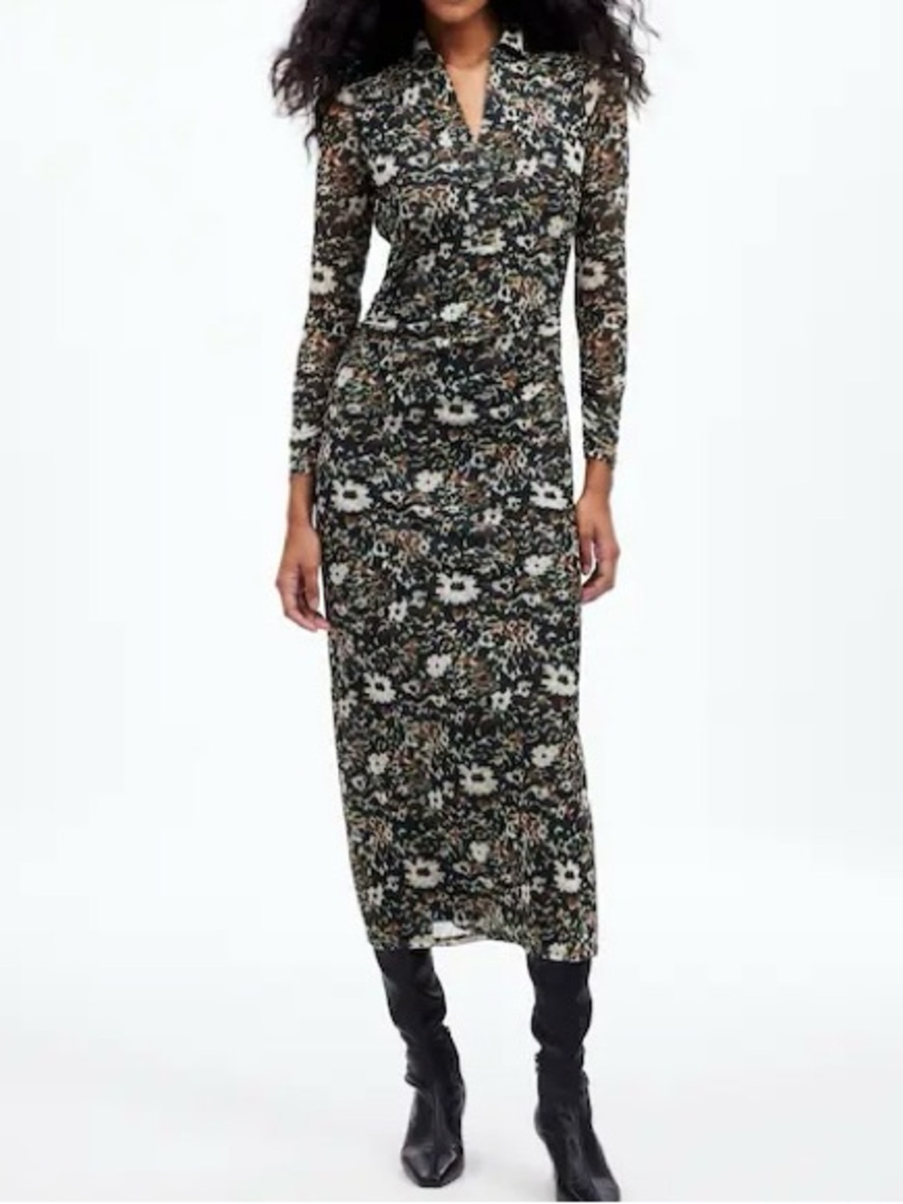 NWT Madewell Long-Sleeve Polo Midi Dress in Floral mossy umber